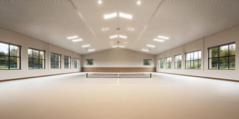Obraz premium Empty interior of indoor sports tennis court. Background of tennis room with copy space