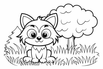 cute Lynx, some grass and a tree, coloring book