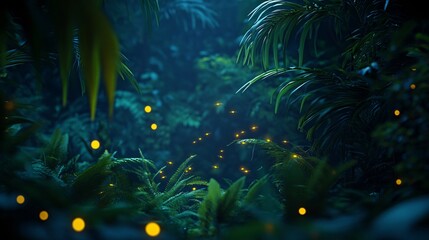 Magical Fireflies in a Lush Tropical Forest at Night