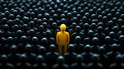 Obraz premium Yellow Figure Standing Out Among Black Figures as a Symbol of Individuality and Nonconformity