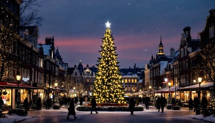 Christmas tree with lights and snow in the centre of the small city