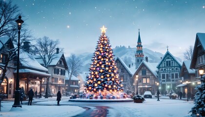 Christmas tree with lights and snow in the centre of the small city