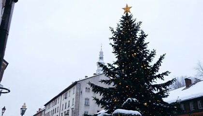 Christmas tree with lights and snow in the centre of the small city