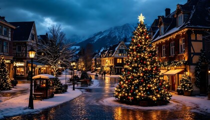 Christmas tree with lights and snow in the centre of the small city