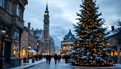 Christmas tree with lights and snow in the centre of the small city