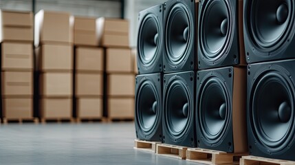 Cardboard boxes stacked high display speakers that showcase the impressive immersive sound quality and audio experience offered