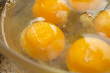 A closeup view of a bowl of eggs.