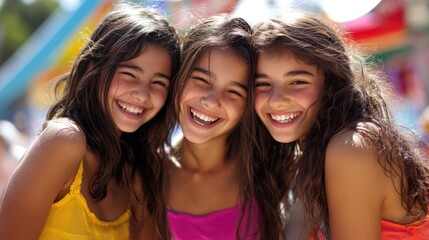 Obraz premium Joyful Teens at an Amusement Park: Three Friends Enjoying a Fun Summer Day Together