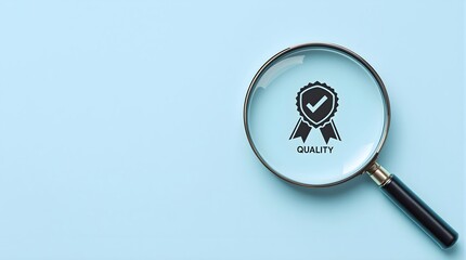 ISO Certification and Five-Star Quality Concept. Quality control and satisfaction symbol under magnifying glass, emphasizing product excellence, service quality, and ISO compliance