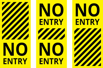 Various black and yellow warning signs with diagonal lines. Attention, danger or caution sign, warning banner, road shield.
