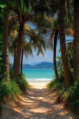 Obraz premium Tranquil Pathway Between Palm Tees Leading to Nai Thon Beach, Phuket â€“ A Serene Vacation Escape
