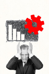 Vertical photo collage of upset businessman hold head chart decline recession gearwheel problem...