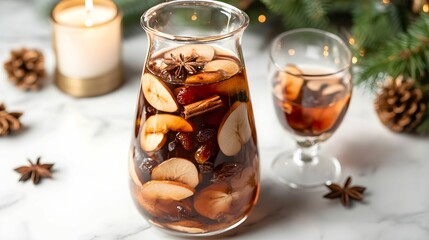 kompot z suszu, nap&oacute;j, święta, kuchnia polska, wigilia, tradycja, suszone owoce, cynamon, boże narodzenie, Canon EOS R5, widok pod kątem 45&deg;, naturalne światło, minimalistyczne, artystyczne, marmurowy