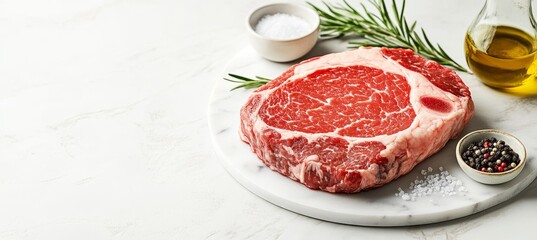 Raw Ribeye Steak Prepared for Cooking on Marble Board With Salt, Pepper, Rosemary, and Olive Oil