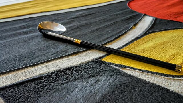 Colorful textile with decorative elements and chopsticks resting on a vibrant surface