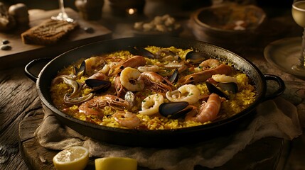 paella, owoce morza, kuchnia hiszpańska, ryż, szafran, mięczaki, krewetki, kalmary, muszle, tradycyjne danie, jedzenie, fotografia kulinarna, Canon EOS 5D Mark IV, widok pod kątem 45&deg;, naturalne świat