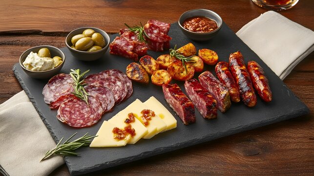 tapas, kuchnia hiszpańska, jam&oacute;n ib&eacute;rico, manchego, oliwki, patatas bravas, chorizo, przystawki, jedzenie, fotografia kulinarna, canon eos 5d mark iv, widok od g&oacute;ry, naturalne światło, eleganckie, art