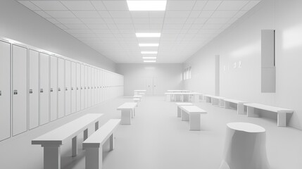 Minimalist white locker room interior with benches and lockers.