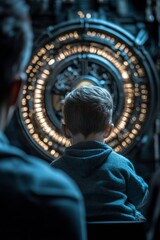 Child Observing Complex Glowing Device, Technology Exploration, Network Security Concept