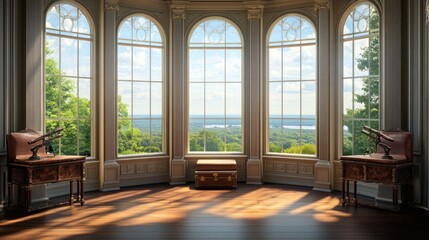 Luxurious Victorian observation room offering panoramic views through large bay windows