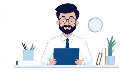 Smiling Cartoon Man with Glasses and Beard Sitting at Desk with Tablet