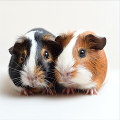 guinea pig  guinea pig  curious guinea pig couple looking to side while lying on white background