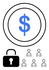 Dollar sign coin lock symbol, and six user icons. Ideal for themes finance, security, digital currency, community, fintech, online safety, investments. Line metaphor