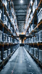Fototapeta premium AI-Powered Drone Navigating Warehouse for Advanced Inventory Management and Automation