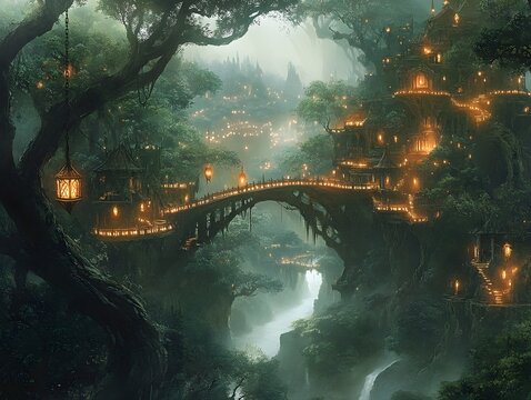 An elven city perched high in the branches of giant trees