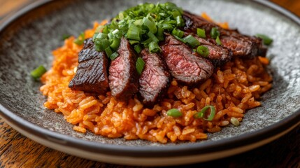 Delicious grilled steak slices served on vibrant rice dish