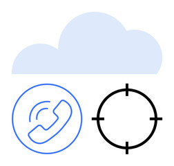 Cloud symbol above a phone call icon and a target icon. Ideal for cloud computing, communication, network management, user experience, customer service, precision marketing, remote services. Line