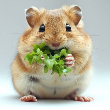Little furry rodent found juicy green fodd to eat later  isolated  closeup