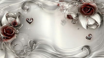 A luxurious Valentine's Day-themed design featuring metallic silver hearts, elegant roses in white and deep red tones, and abstract flowing textures. Romantic and artistic.