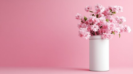 Naklejka premium Pink cherry blossoms in a white vase against a soft pink background, AI