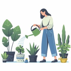 Flat Style Illustration of a Woman Watering Plants, White Background