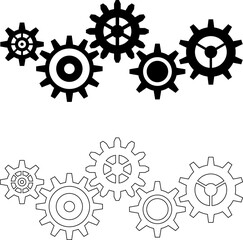Gears icon set. Connected cogs, cogwheel gears illustration