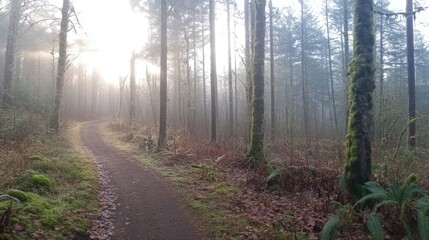 Obraz premium Misty forest path at sunrise, sunlight filtering through trees, moss-covered trunks, leaves on ground.