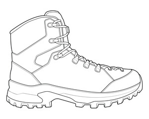 Hiking boots illustration. Outline vector boots. Side view hiking boots isolated with white background.