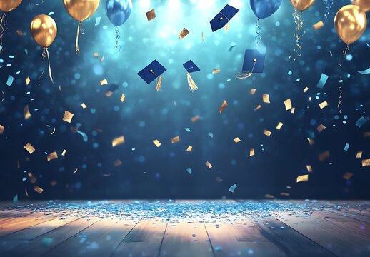 Graduation ceremony background with falling confetti, balloons and mortarboards