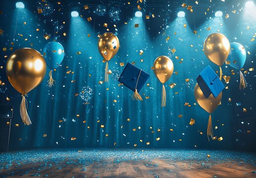 Graduation ceremony background with balloons and confetti falling - Powered by Adobe