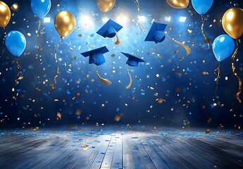 Graduation ceremony background with flying mortarboards and balloons