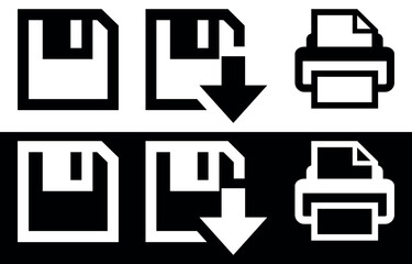 Essential File Operation Icons. Save, Download, and Print Symbols. Vector illustration isolated on black and white background.
