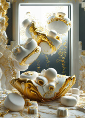 3D fantasy marshmallows as royal forms in gold, white, and fractal designs.
