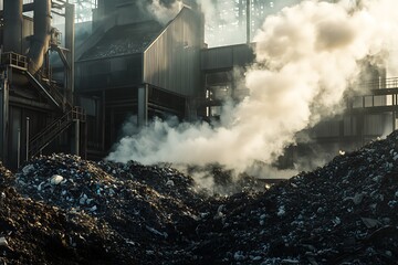 Fototapeta premium Industrial plant releasing smoke over landfill site at sunset