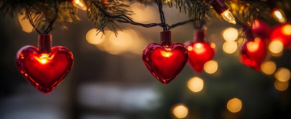 Valentine's Day Gift Cover. Red hearts on tree branches on nature background with space for text. Holiday and surprise concept. Photorealism.