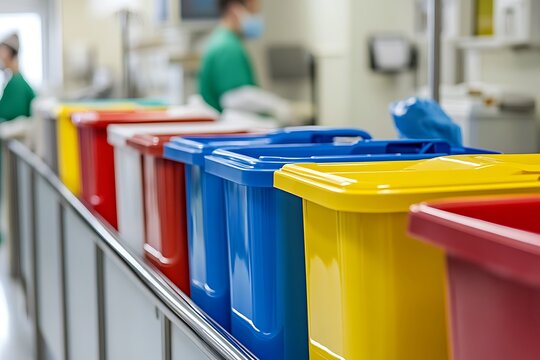 Surgeons separating medical waste in different colored containers in operating room