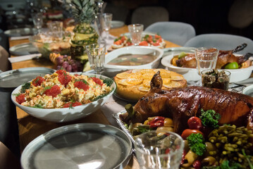 Festive table with cold appetizers of Russian cuisine