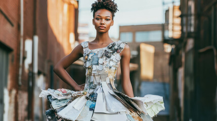 Fototapeta premium Bold model wearing an artistic dress made from recycled materials, posing against an urban backdrop.