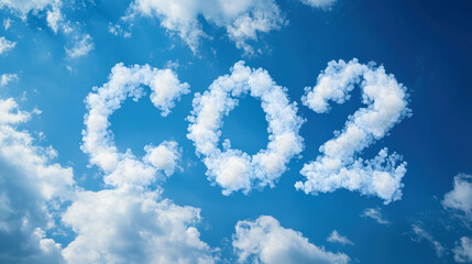  "CO2" spelled out in cloud formations against a bright blue sky, a conceptual representation of carbon emissions.