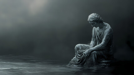 Obraz premium Weathered stone statue in dark, moody waters. Archaic. Illustration